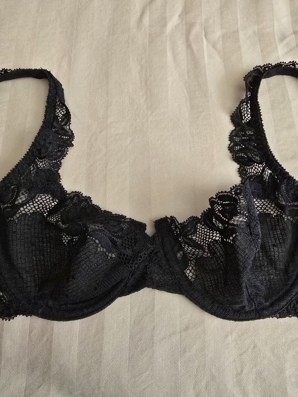 Vintage Delicate Black Lace Underwire Bra with Sheer Floral Detail